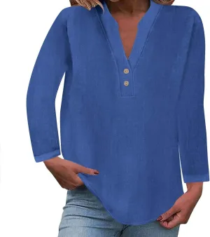 Womens Long Sleeve Tops V Neck Half Button Front Shirts Solid Loose Fit Casual Dressy Work Tunic Womens Summer Tops