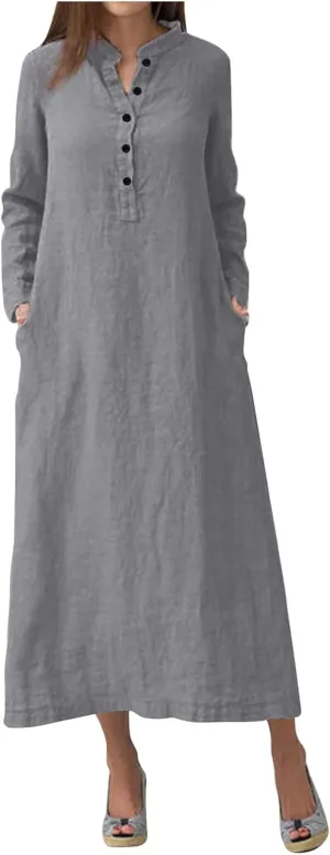 Women's Maxi Dresses 2025 Casual Loose Trendy Long Sleeve Button Down Collar Solid Vacation Dress Plus Size, S-5XL