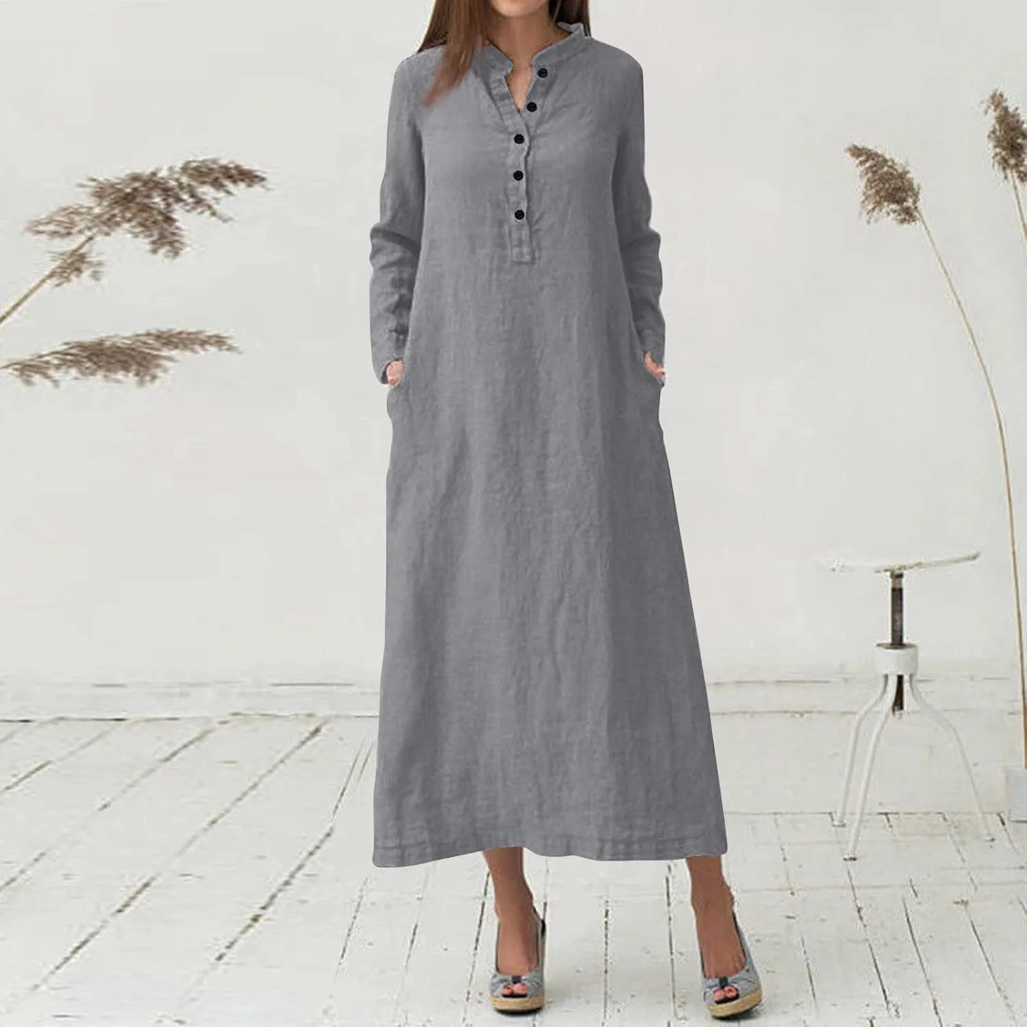 Women's Maxi Dresses 2025 Casual Loose Trendy Long Sleeve Button Down Collar Solid Vacation Dress Plus Size, S-5XL