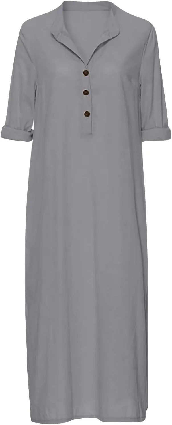 Women's Maxi Dresses 2025 Casual Loose Trendy Long Sleeve Button Down Collar Solid Vacation Dress Plus Size, S-5XL