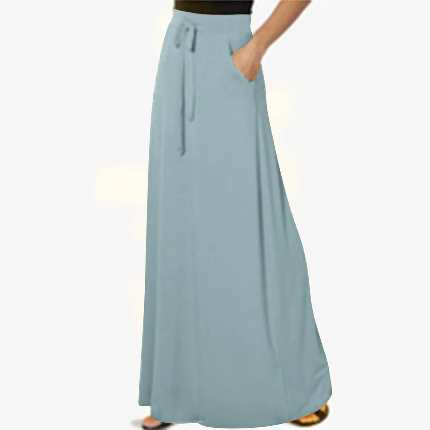 Womens Maxi Skirt Elastic Basic Solid Tie Dye Foldable High Waisted Midi Length Plus Size A-Line Skirts with Pockets