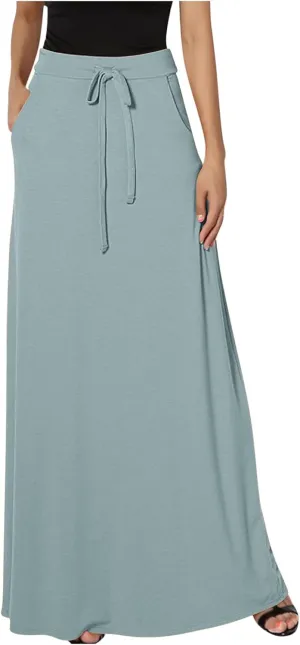 Womens Maxi Skirt Elastic Basic Solid Tie Dye Foldable High Waisted Midi Length Plus Size A-Line Skirts with Pockets
