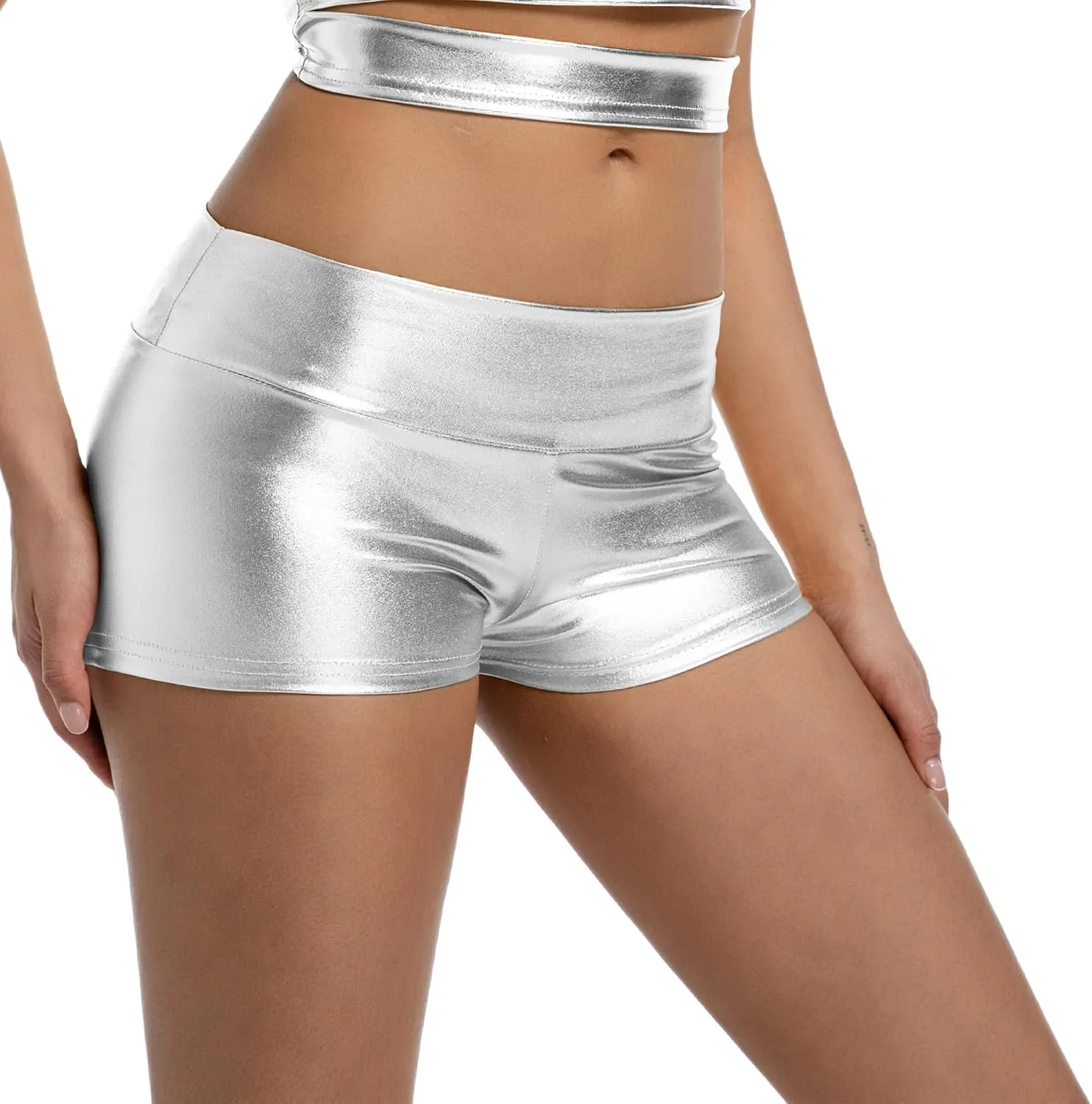 Women's Metallic Booty Shorts High Waisted Shiny Bottoms Rave Hot Pants for Dance, Party, Festival
