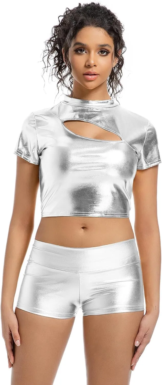 Women's Metallic Booty Shorts High Waisted Shiny Bottoms Rave Hot Pants for Dance, Party, Festival