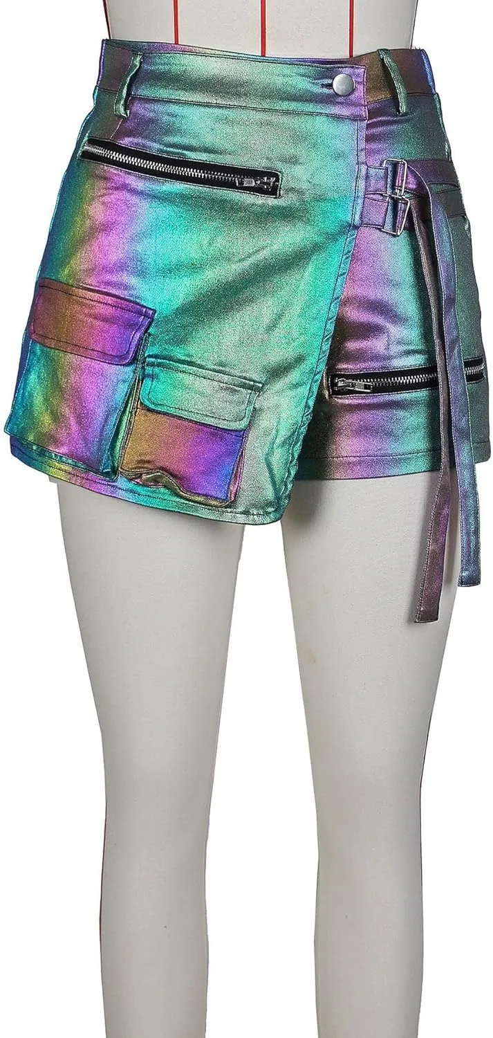 Women's Metallic Sexy Cargo Shorts Elastic High Waist Stretch Hotpants Rave Pants Party Clubwear
