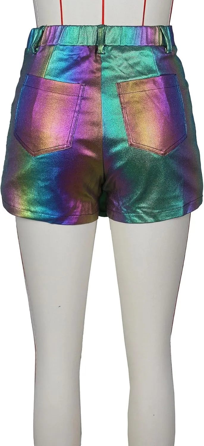 Women's Metallic Sexy Cargo Shorts Elastic High Waist Stretch Hotpants Rave Pants Party Clubwear