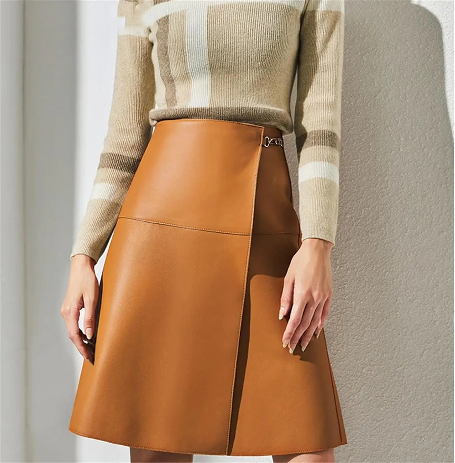 Womens Overlapping Buckle Leather Skirt Croc Emboss Midi A-Line Rave Party Chunky Metal