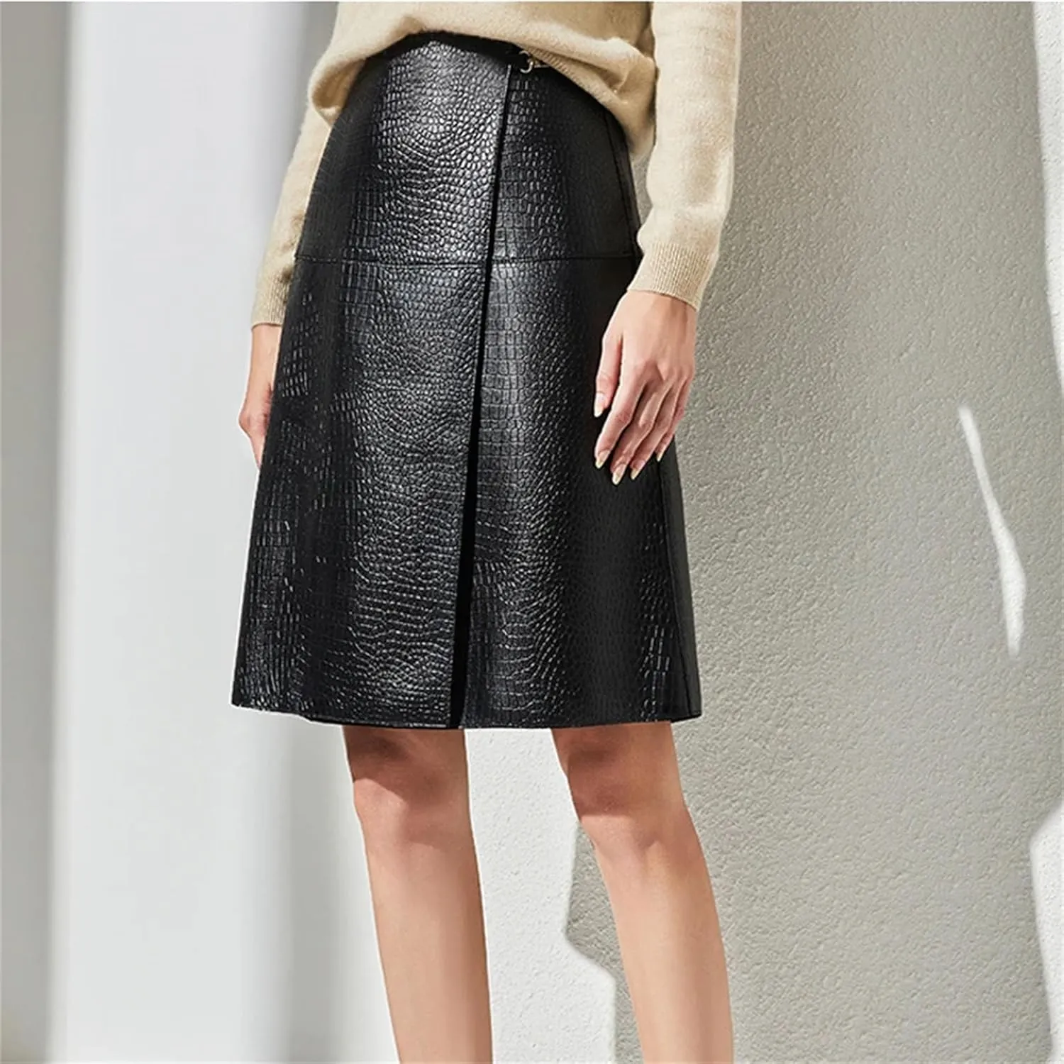 Womens Overlapping Buckle Leather Skirt Croc Emboss Midi A-Line Rave Party Chunky Metal