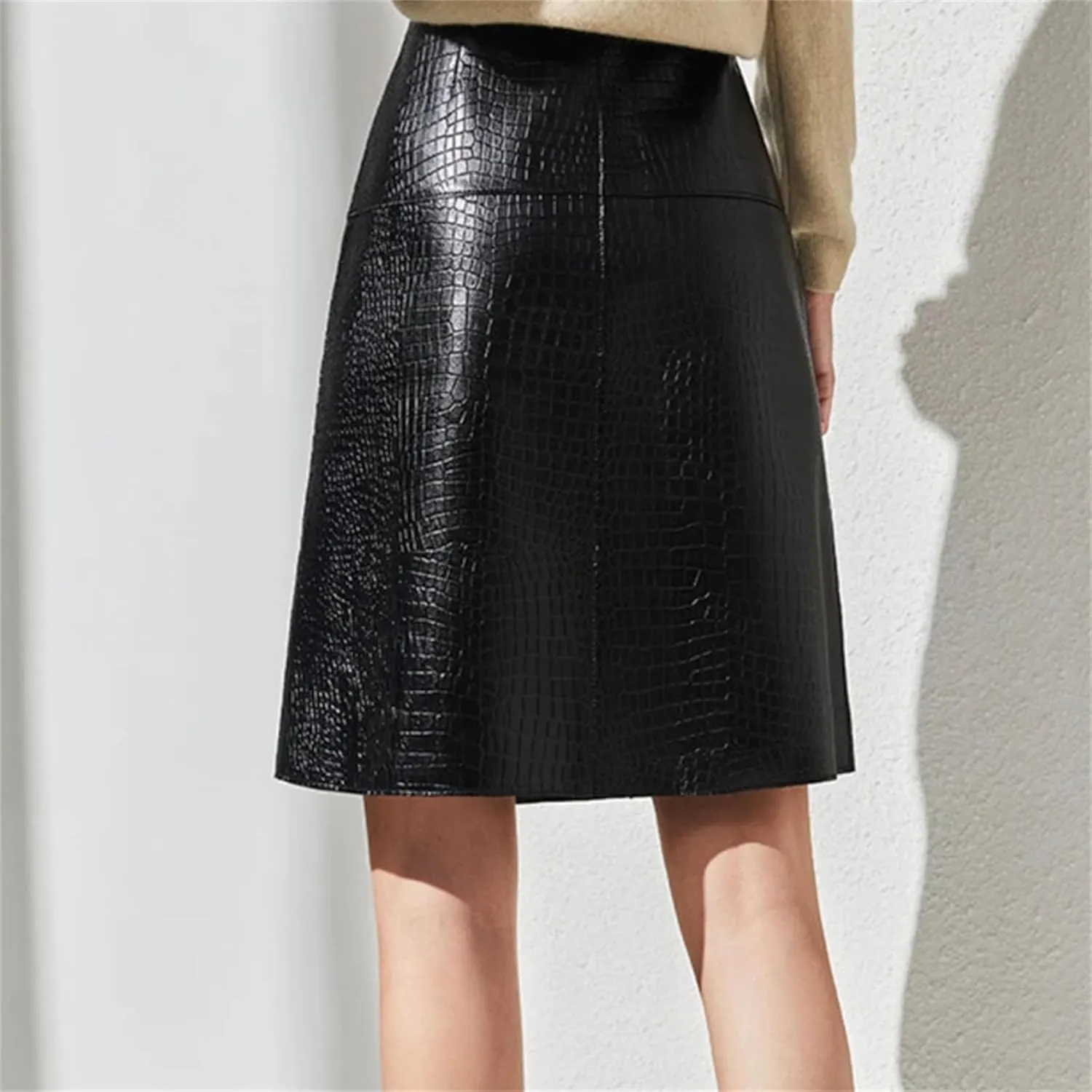 Womens Overlapping Buckle Leather Skirt Croc Emboss Midi A-Line Rave Party Chunky Metal