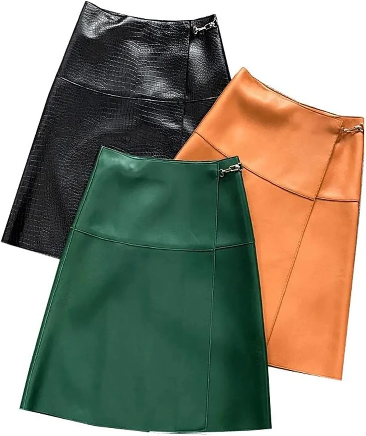Womens Overlapping Buckle Leather Skirt Croc Emboss Midi A-Line Rave Party Chunky Metal