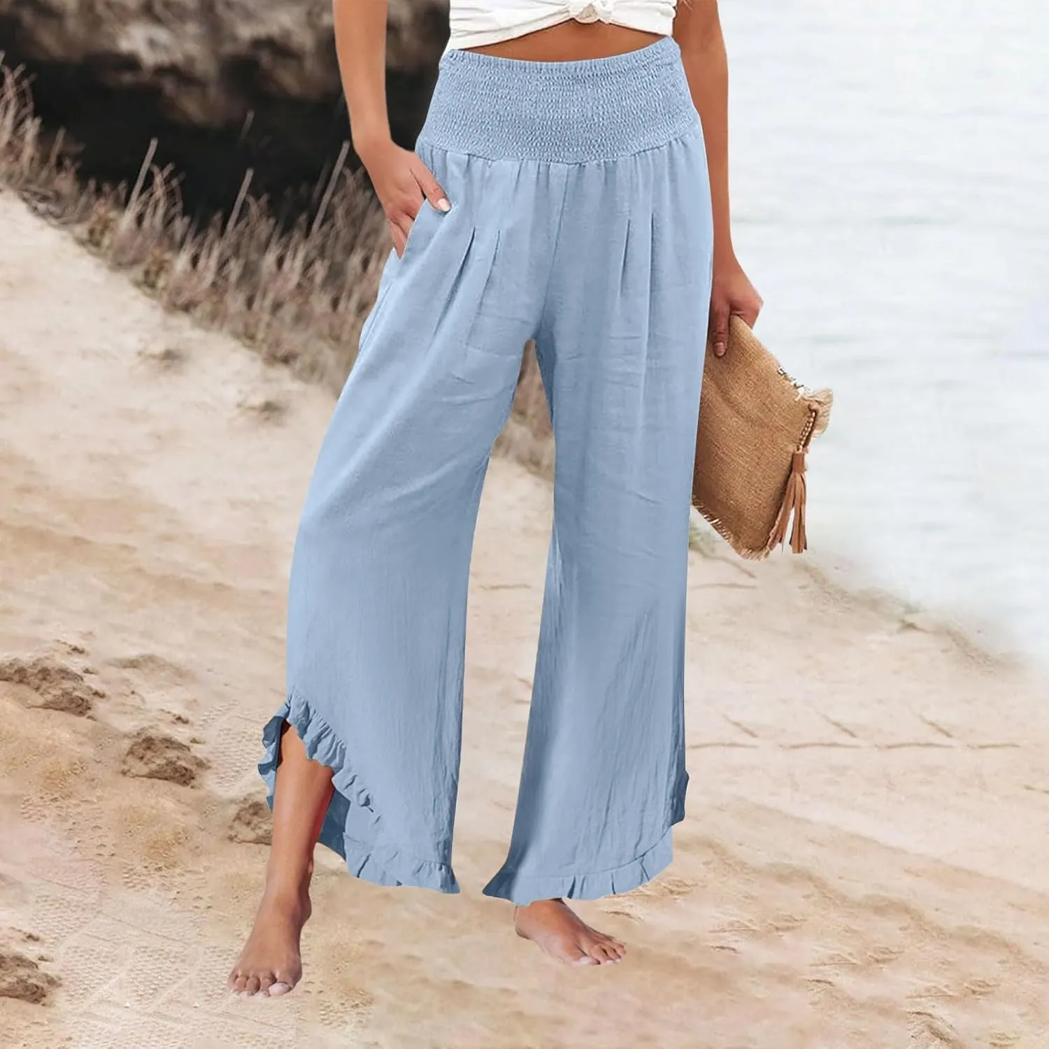 Womens Palazzo Linen Pants Smocked High Waisted Ruffle Hem Wide Leg Pants Loose Fit Summer Beach Trousers with Pockets