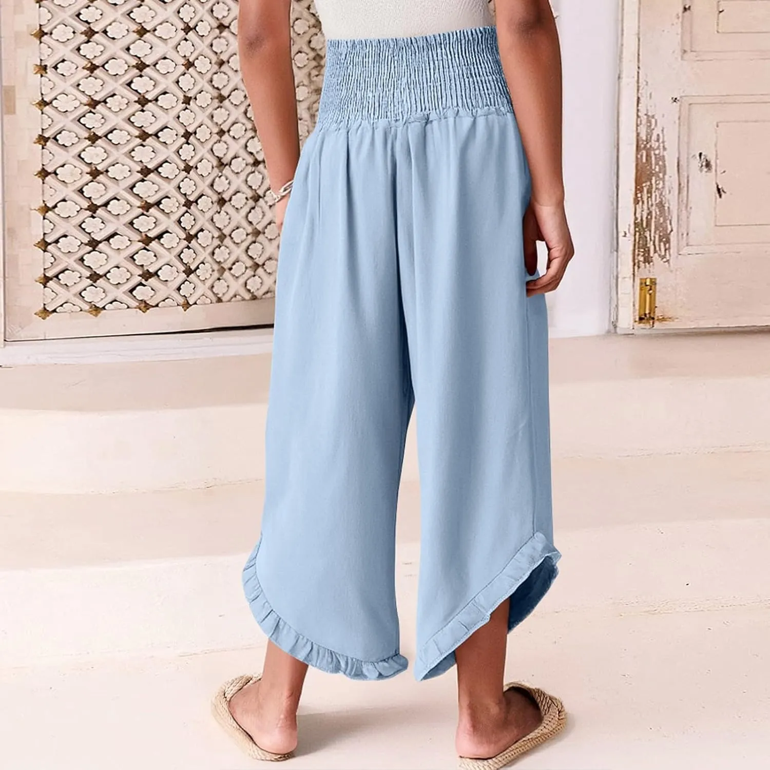 Womens Palazzo Linen Pants Smocked High Waisted Ruffle Hem Wide Leg Pants Loose Fit Summer Beach Trousers with Pockets