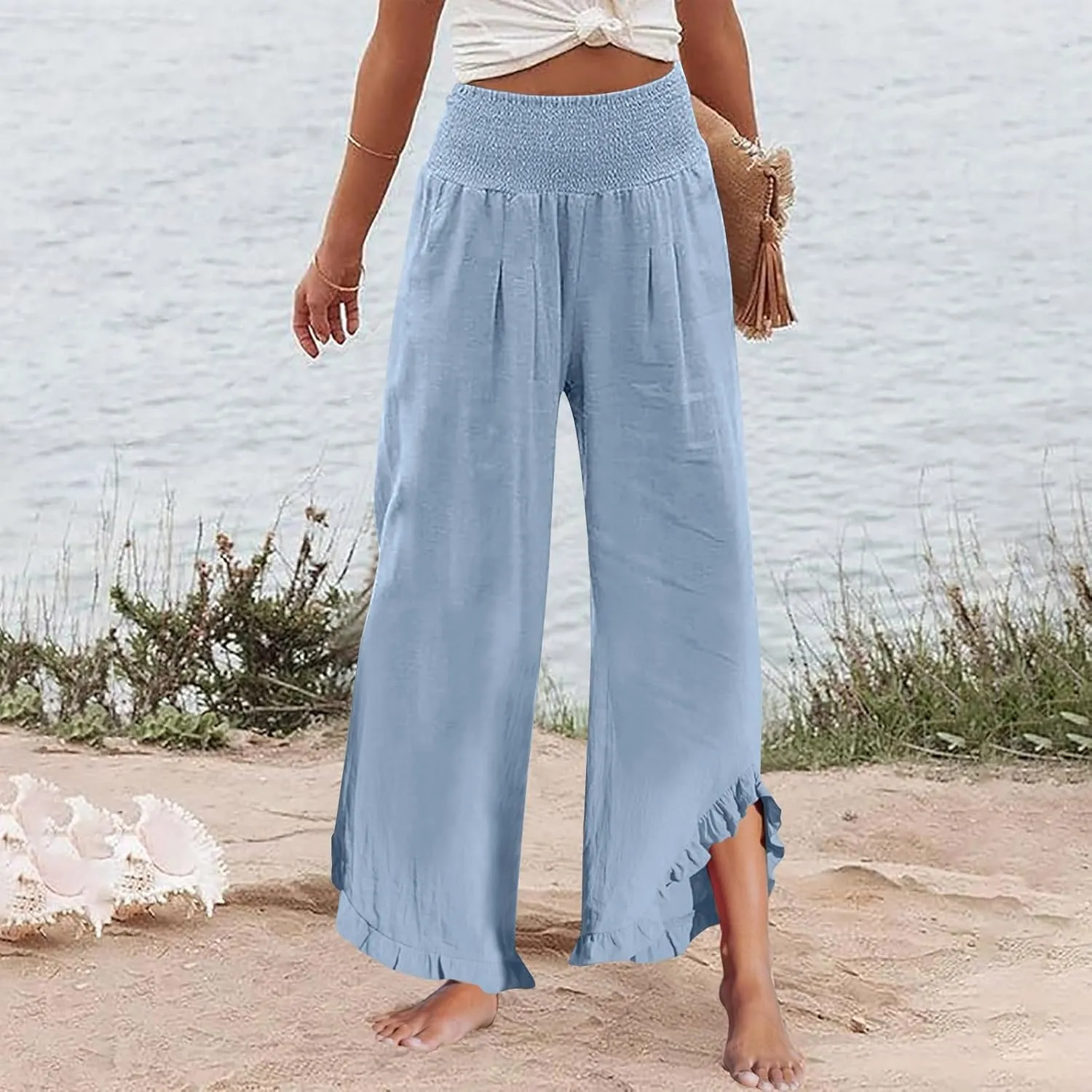Womens Palazzo Linen Pants Smocked High Waisted Ruffle Hem Wide Leg Pants Loose Fit Summer Beach Trousers with Pockets