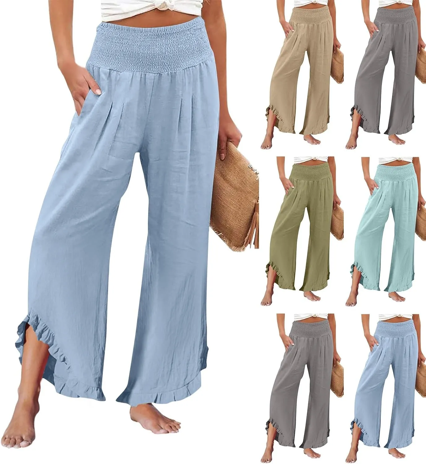 Womens Palazzo Linen Pants Smocked High Waisted Ruffle Hem Wide Leg Pants Loose Fit Summer Beach Trousers with Pockets