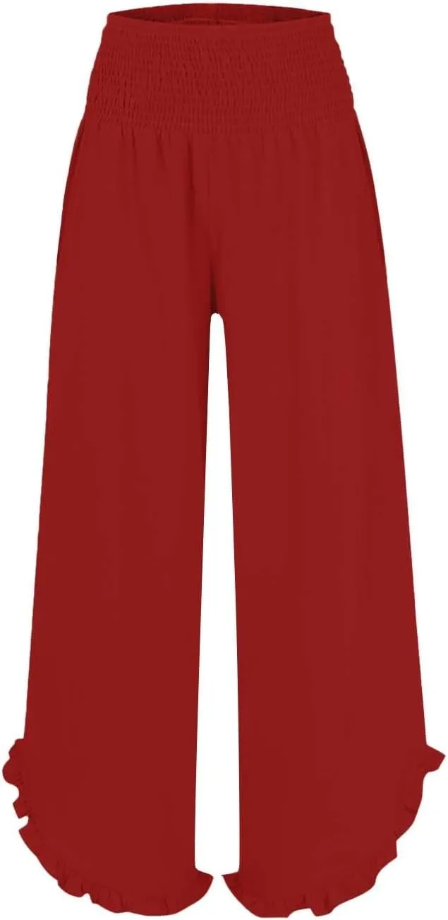 Women's Pleated Cotton Linen Straight Trousers Summer Wide Leg High Waisted Trouser Causal Pants with Irregular Pants Legs
