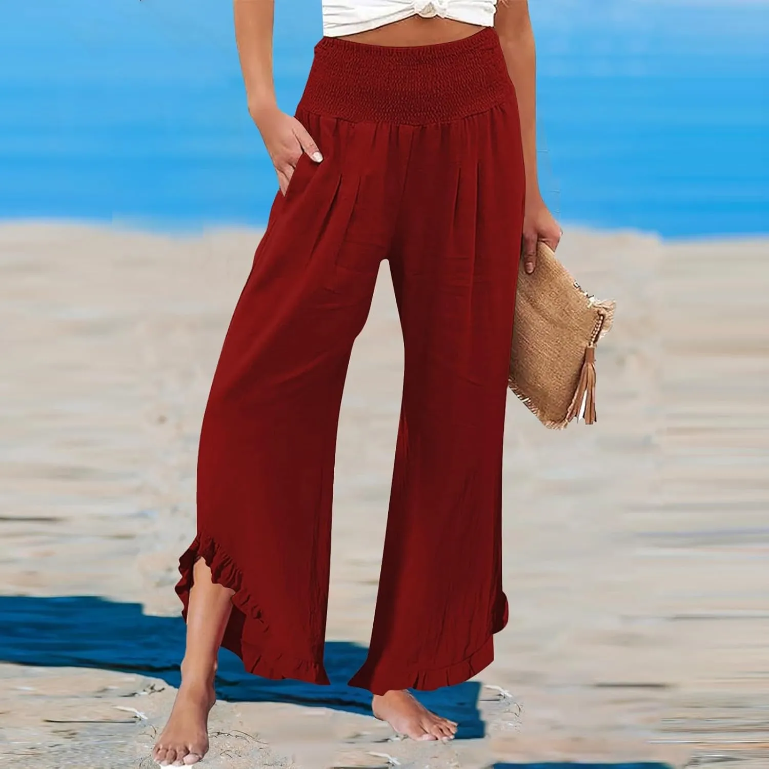 Women's Pleated Cotton Linen Straight Trousers Summer Wide Leg High Waisted Trouser Causal Pants with Irregular Pants Legs