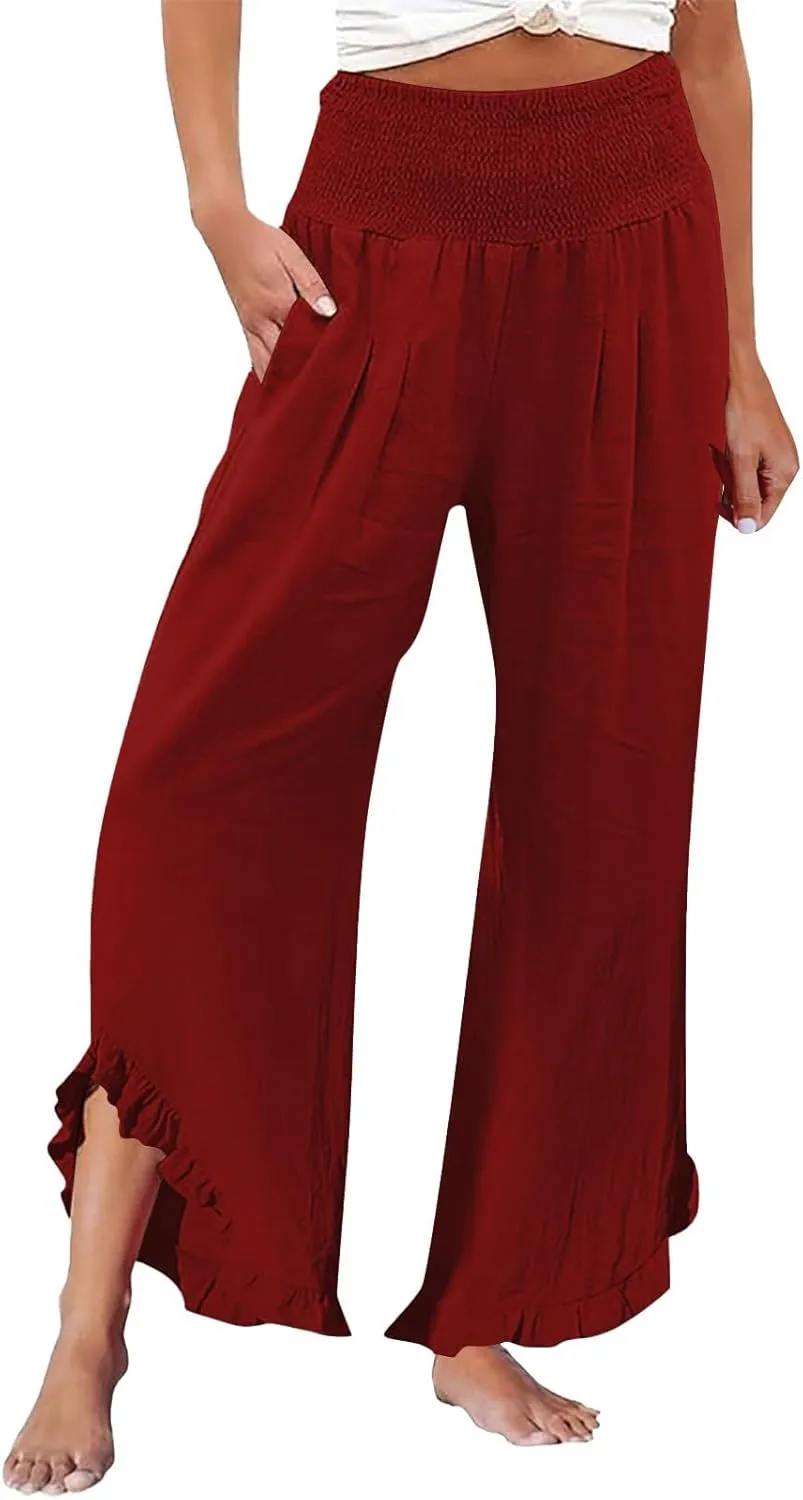 Women's Pleated Cotton Linen Straight Trousers Summer Wide Leg High Waisted Trouser Causal Pants with Irregular Pants Legs