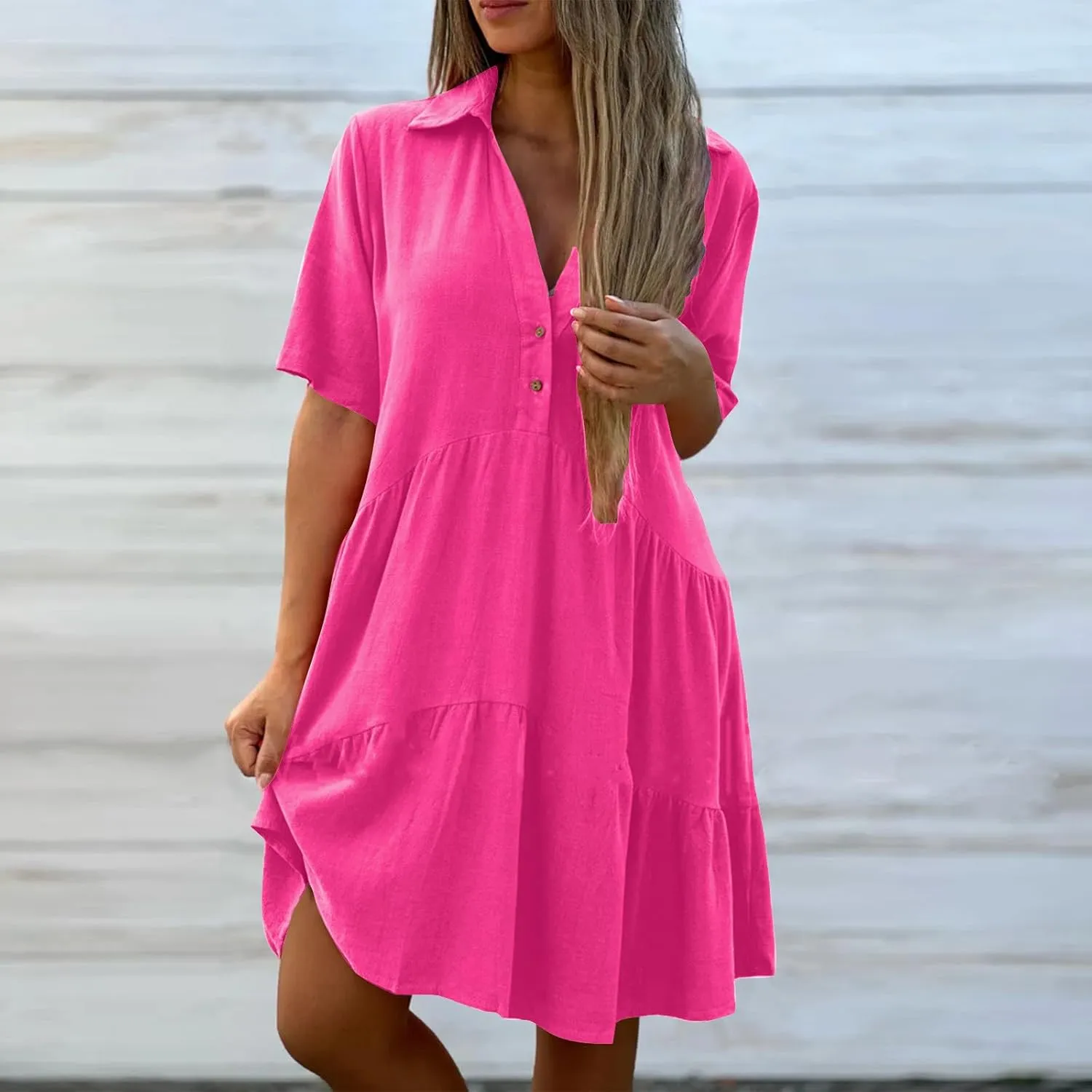 Women's Pleated Flowy T Shirt Dresses Plus Size V Neck Button Up Short Sleeve Midi Dress Loose Fit Tiered Sundress