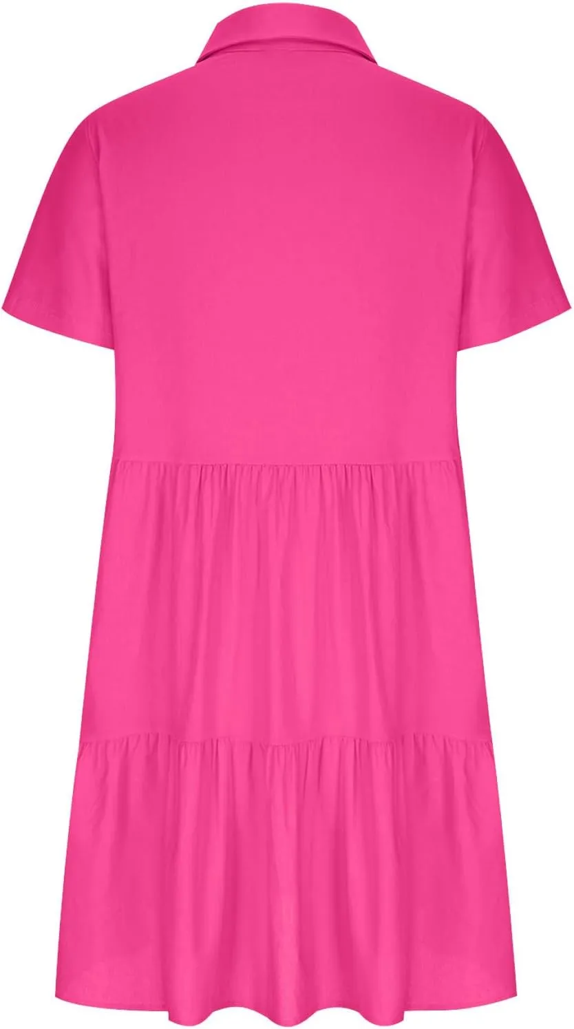 Women's Pleated Flowy T Shirt Dresses Plus Size V Neck Button Up Short Sleeve Midi Dress Loose Fit Tiered Sundress
