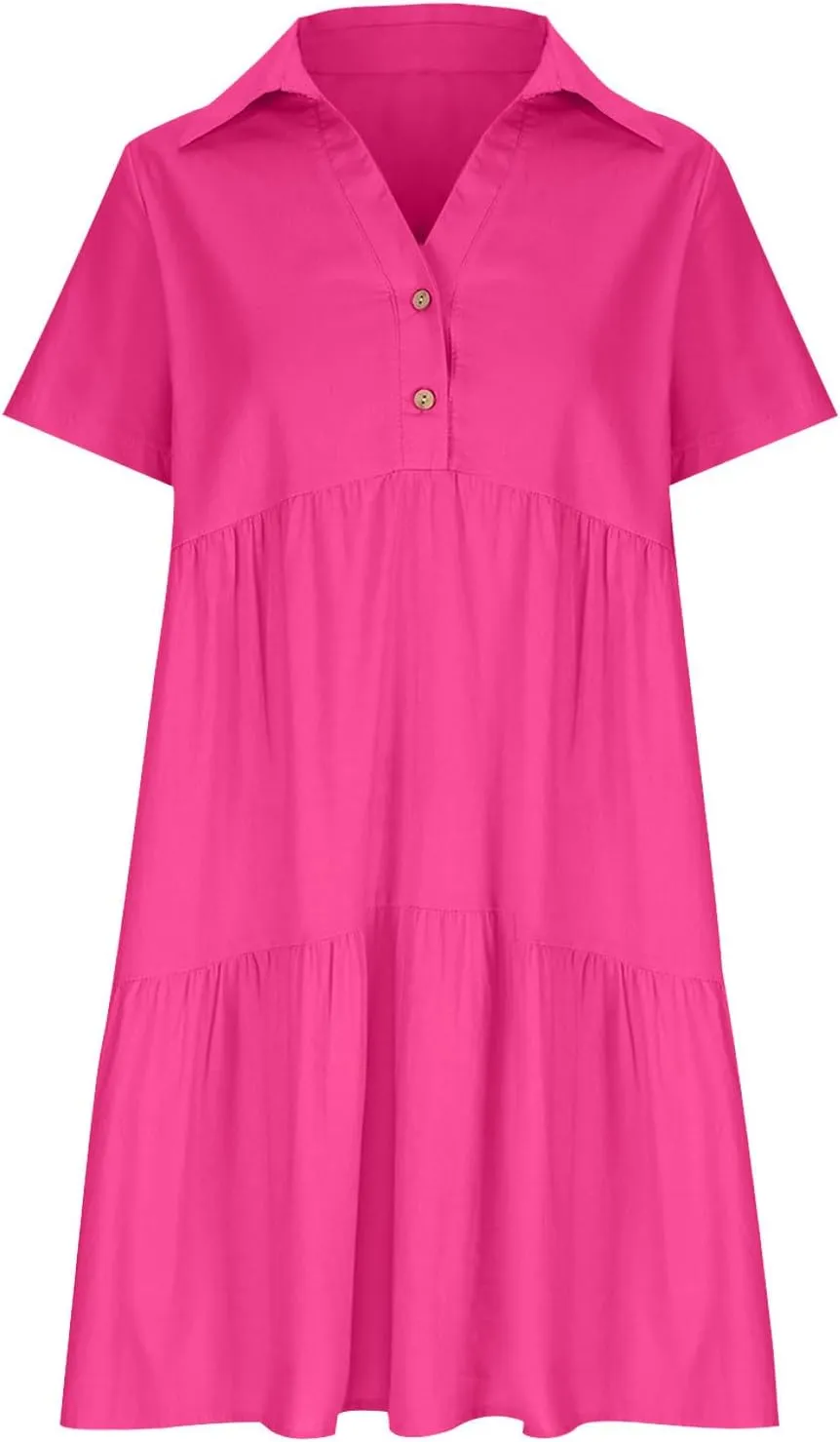 Women's Pleated Flowy T Shirt Dresses Plus Size V Neck Button Up Short Sleeve Midi Dress Loose Fit Tiered Sundress