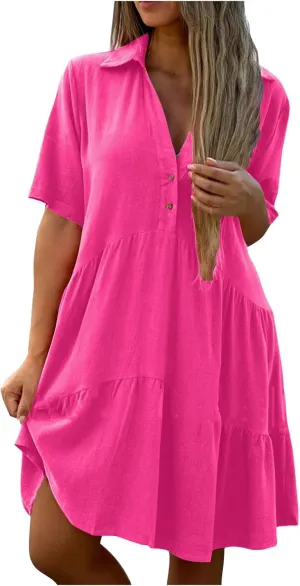 Women's Pleated Flowy T Shirt Dresses Plus Size V Neck Button Up Short Sleeve Midi Dress Loose Fit Tiered Sundress