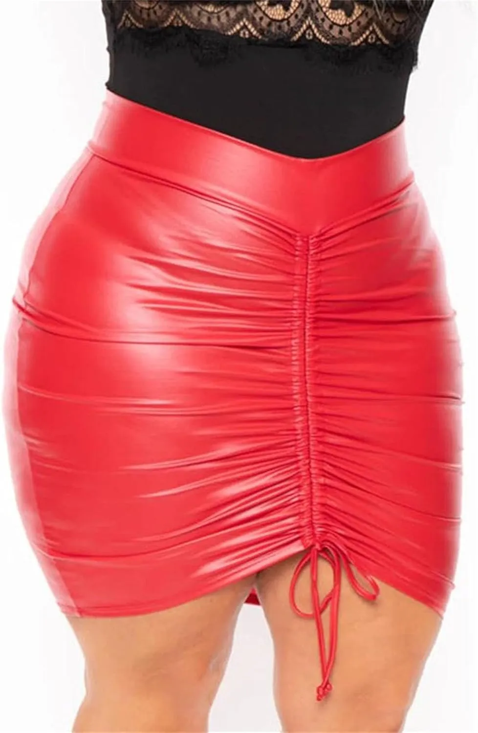 Womens Plus Size PU Pencil Skirt Drawstring High Waist Bodycon Office Casual