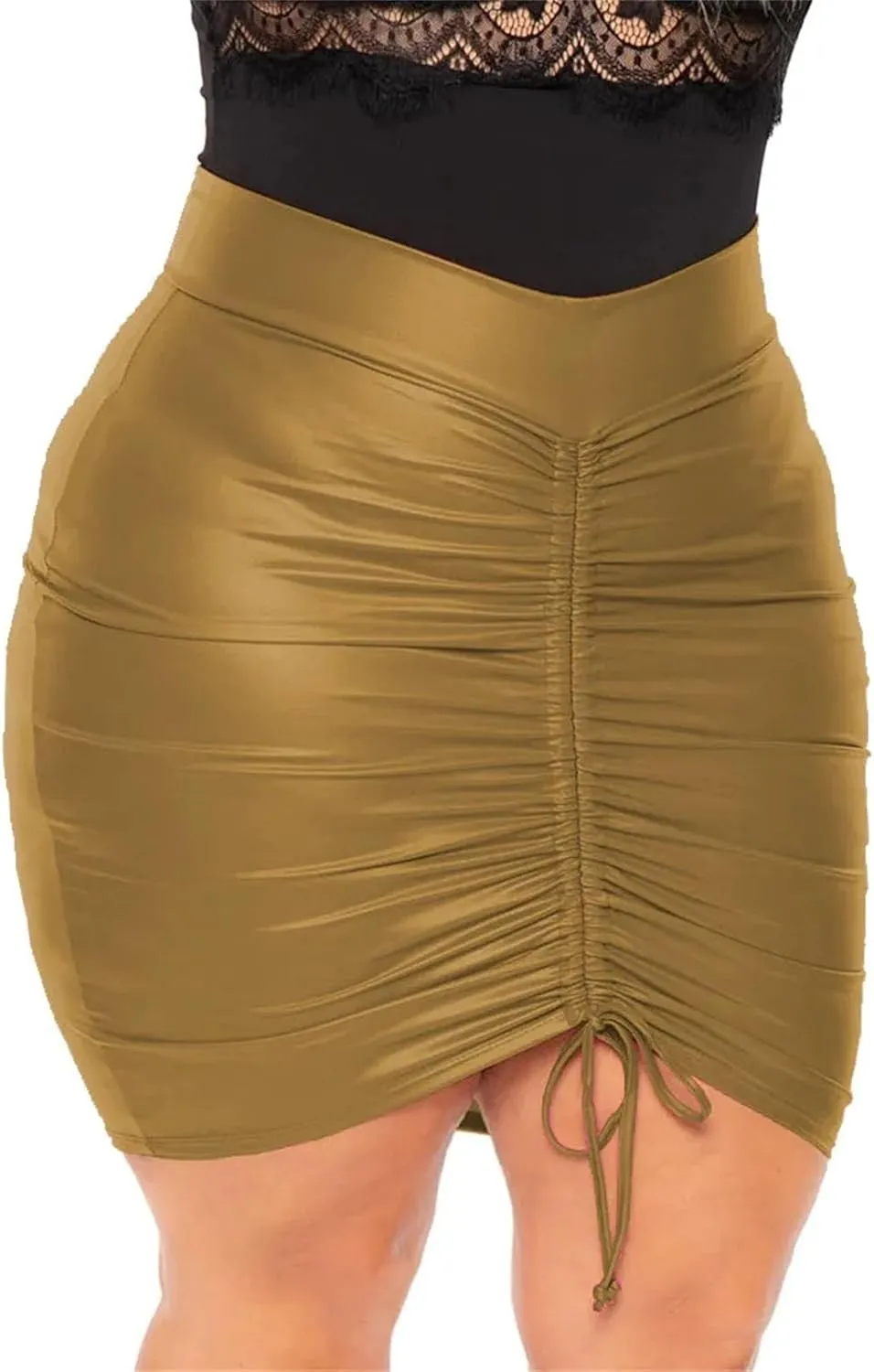 Womens Plus Size PU Pencil Skirt Drawstring High Waist Bodycon Office Casual