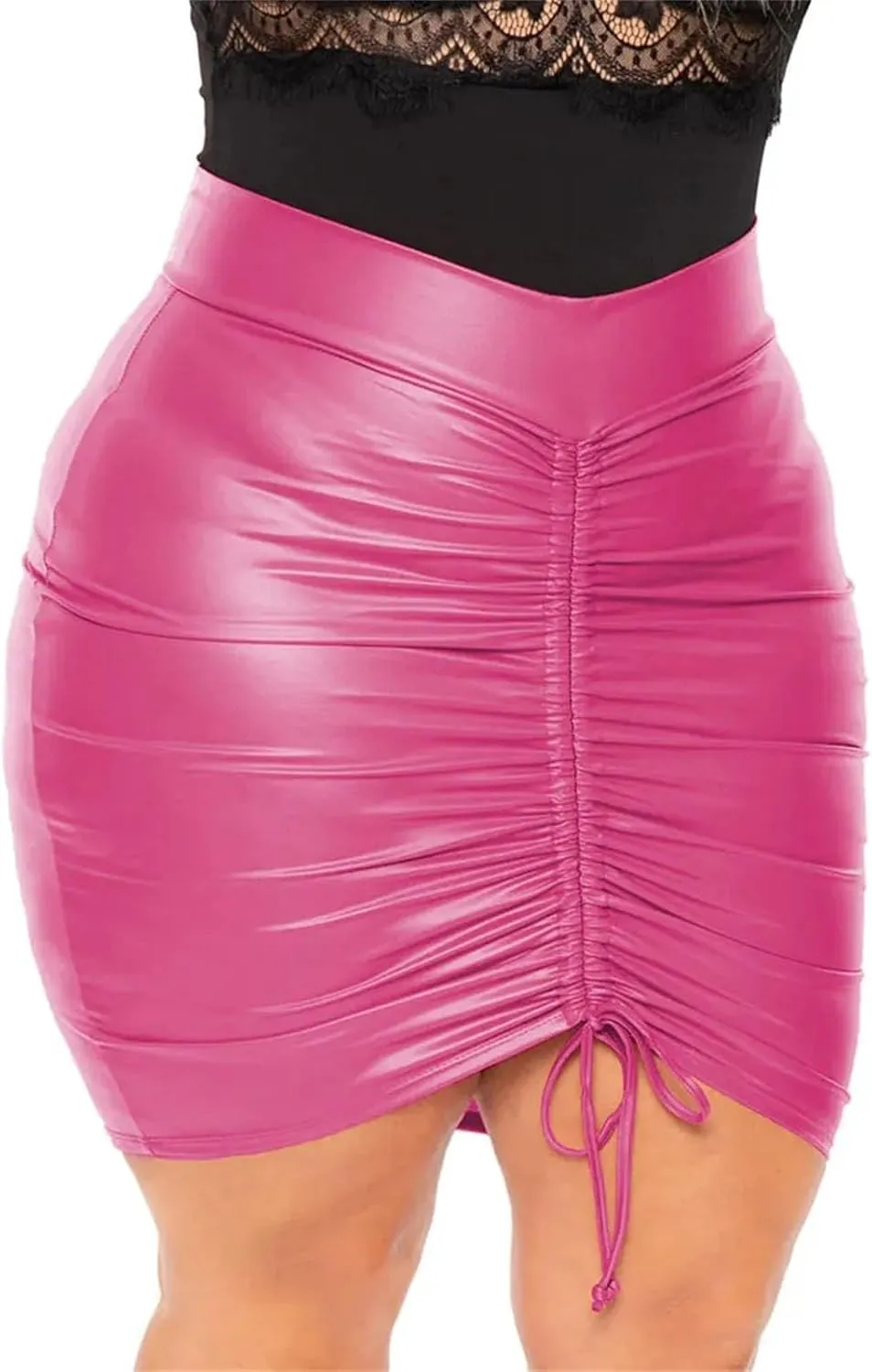 Womens Plus Size PU Pencil Skirt Drawstring High Waist Bodycon Office Casual