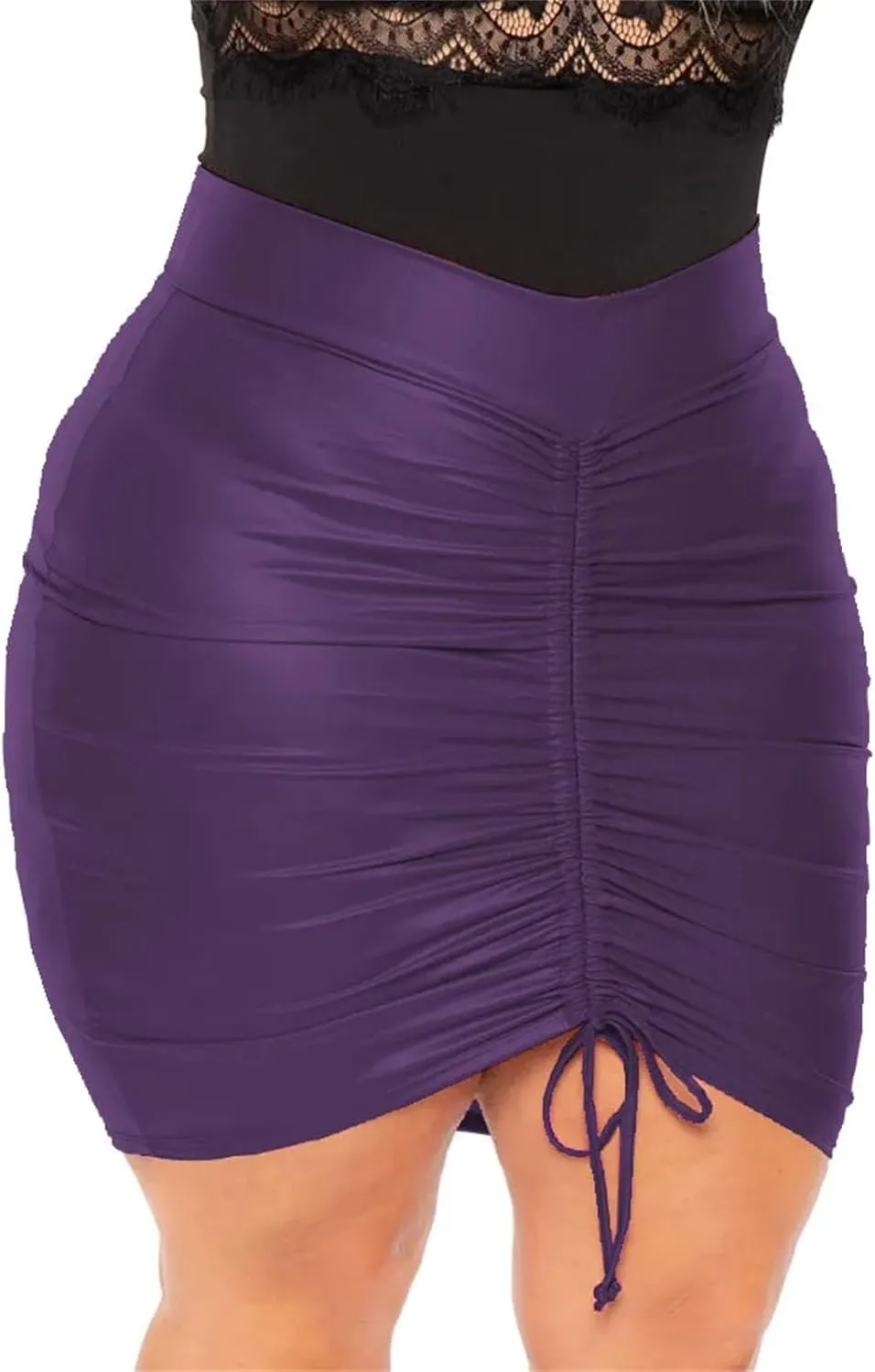 Womens Plus Size PU Pencil Skirt Drawstring High Waist Bodycon Office Casual