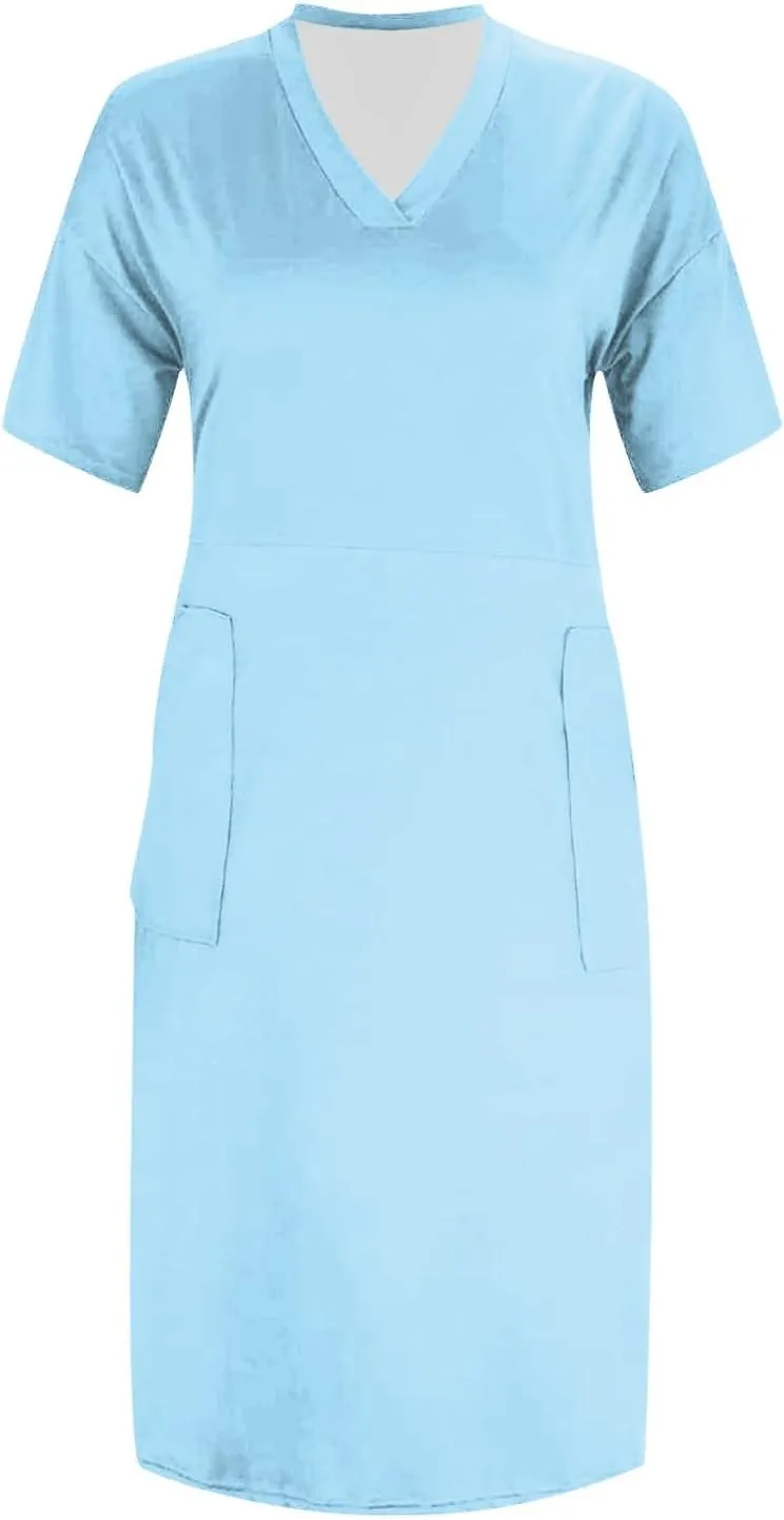 Womens Plus Size Summer Dresses V Neck Short Sleeve Knee Length Dress Oversized Tshirt Midi African Dresses w/Pockets