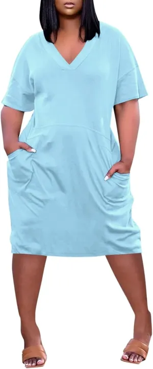 Womens Plus Size Summer Dresses V Neck Short Sleeve Knee Length Dress Oversized Tshirt Midi African Dresses w/Pockets