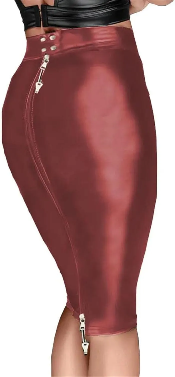 Womens PU Leather Hobble Skirt Lockable Sheath Knee-Length Winter Gothic Slim