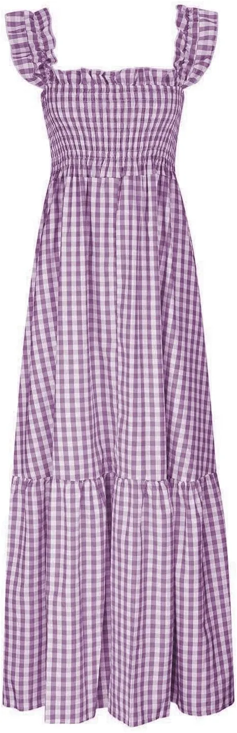 Womens Retro Plaid Smocked Dress Casual Summer Spaghetti Strap Square Neck Midi Dress Flowy A Line Long Dresses
