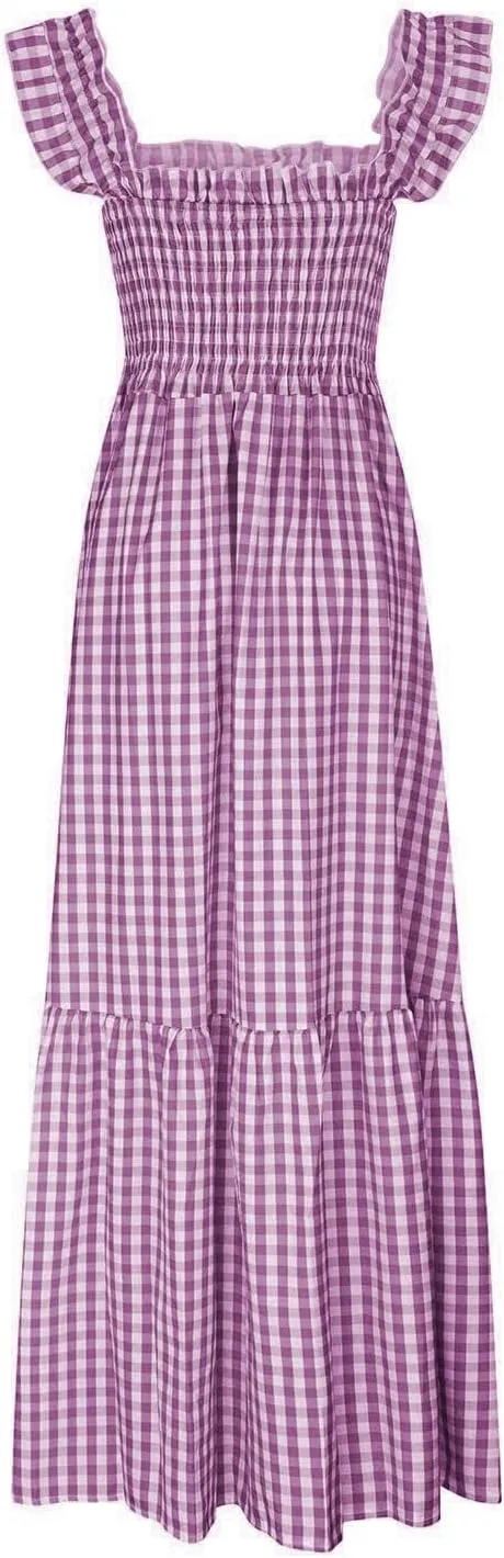 Womens Retro Plaid Smocked Dress Casual Summer Spaghetti Strap Square Neck Midi Dress Flowy A Line Long Dresses
