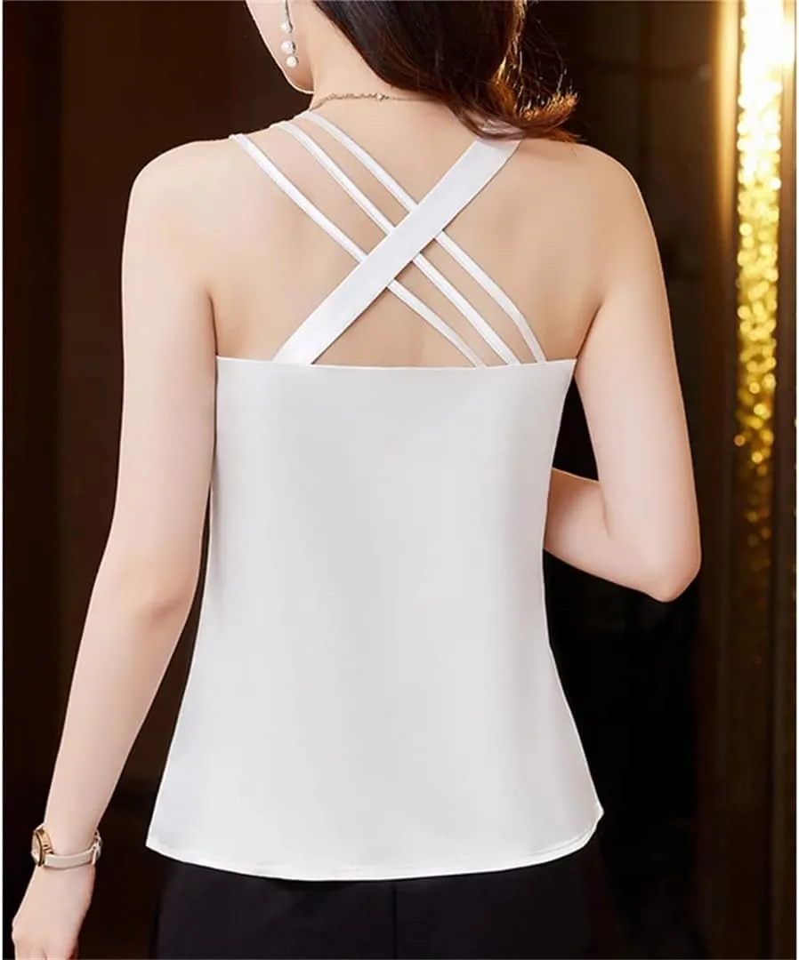 Women's Satin Camisole Shirt Sexy Sleeveless Tank Tops Solid Color Back Crossed Summer Vest
