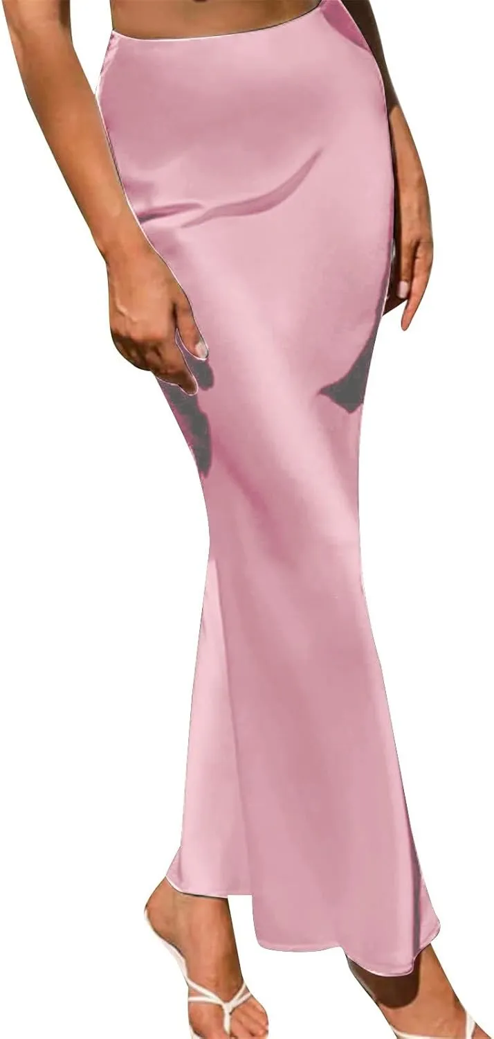 Women's Satin High Waisted Maxi Skirts Hidden Elasticized Waistband A Line Long Skirt Satin Maxi Skirts 2025