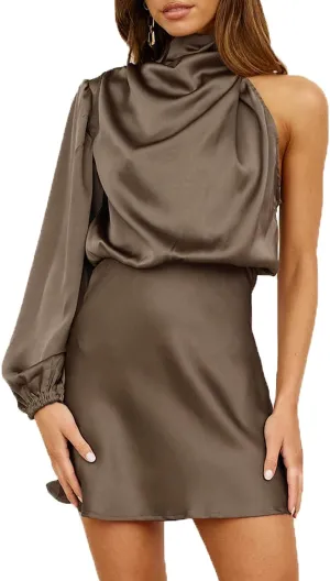 Women's Satin Long Sleeve One Shoulder Mini Dress Silk One Sleeve Turtle Neck Cut Out Cocktail Short Dress for Women