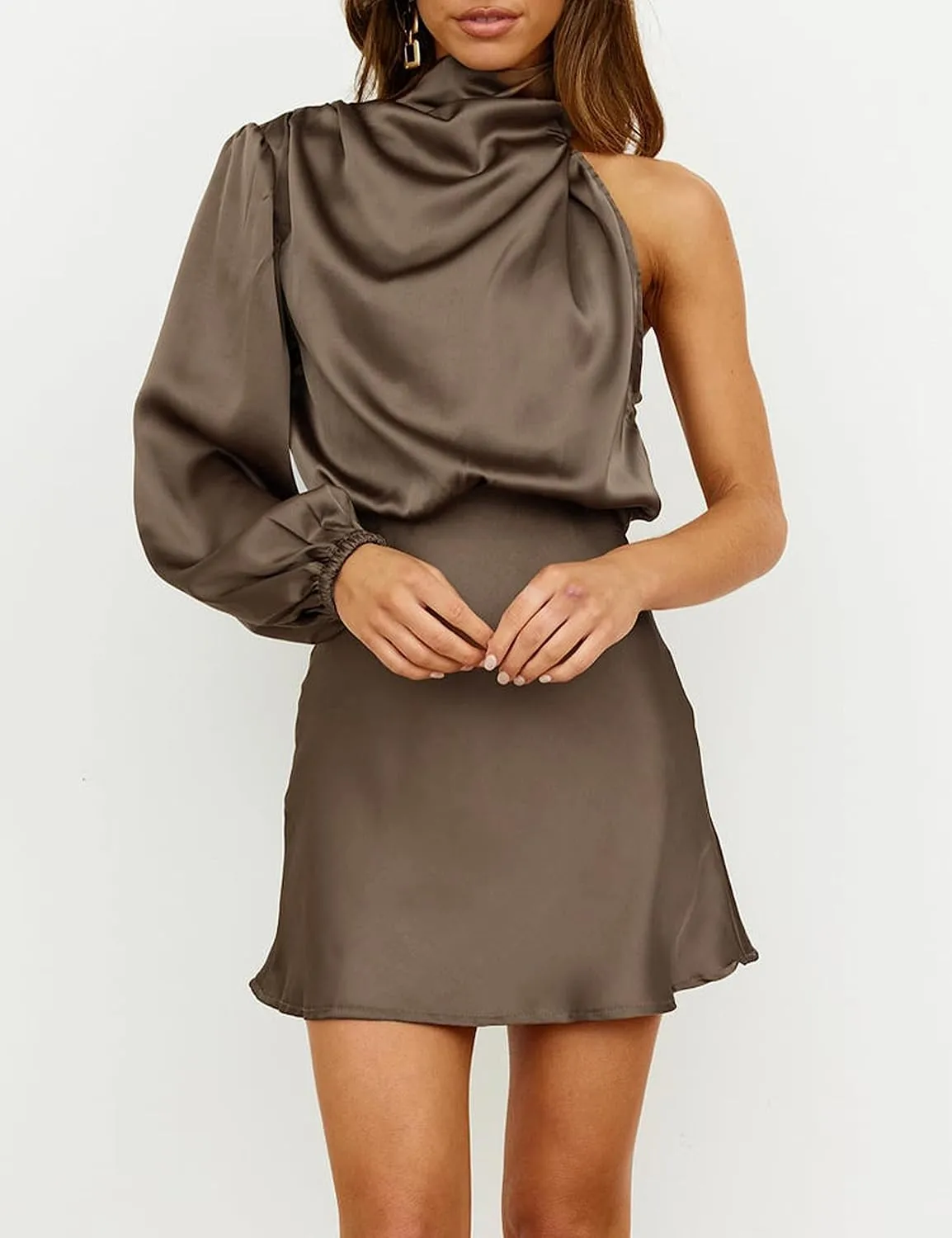 Women's Satin Long Sleeve One Shoulder Mini Dress Silk One Sleeve Turtle Neck Cut Out Cocktail Short Dress for Women