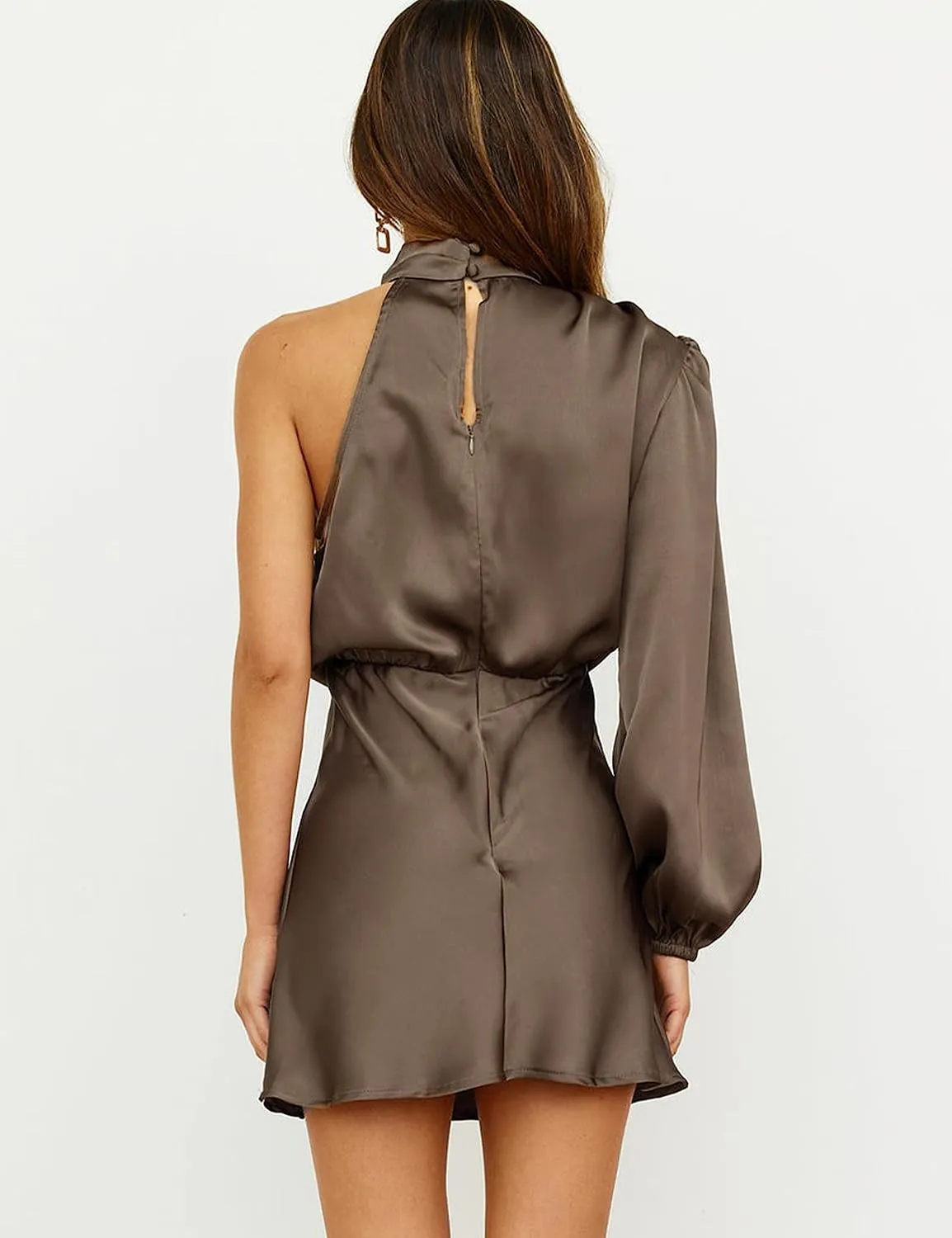 Women's Satin Long Sleeve One Shoulder Mini Dress Silk One Sleeve Turtle Neck Cut Out Cocktail Short Dress for Women