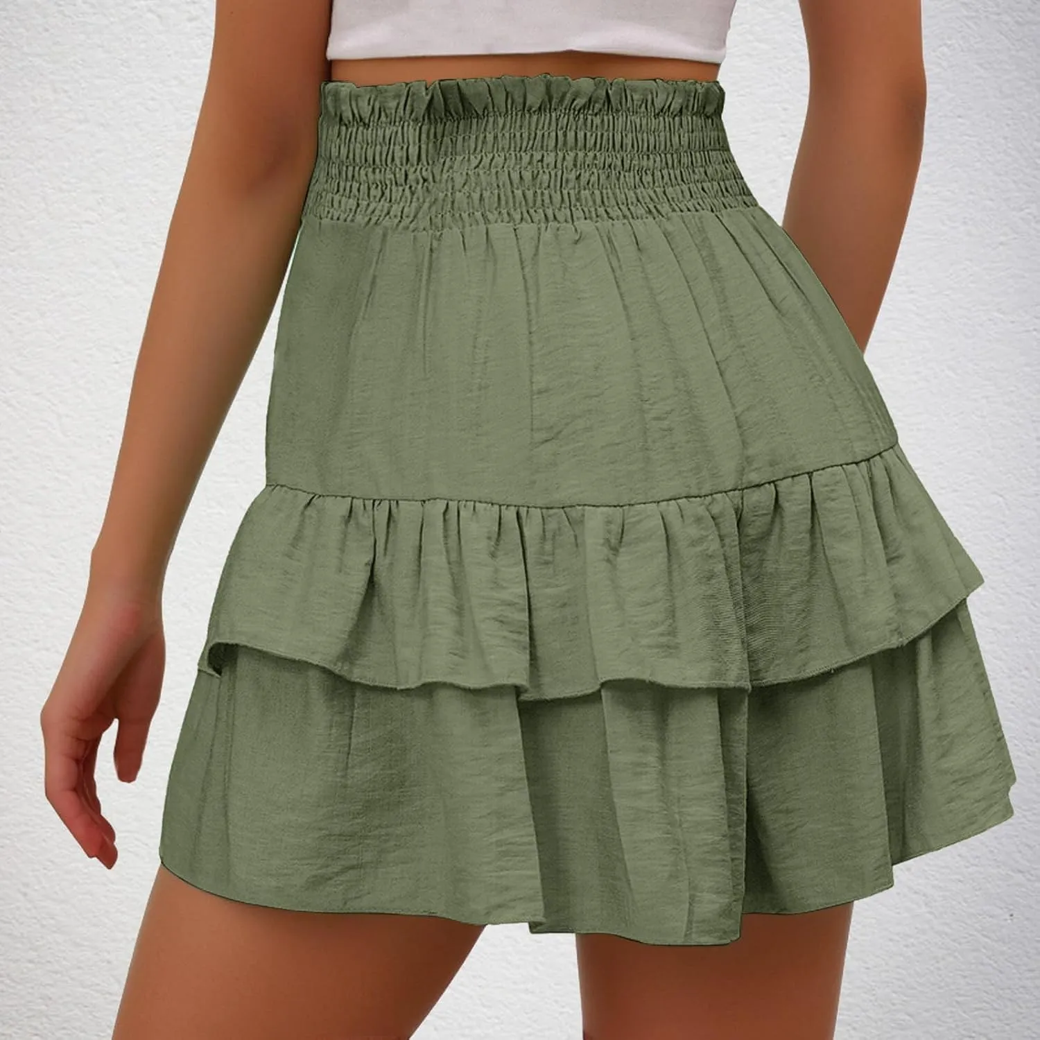 Womens Smocked Ruffle Shorts Elastic High Waisted Pleated Hem Summer Shorts Flowy Beach Vacation Skorts