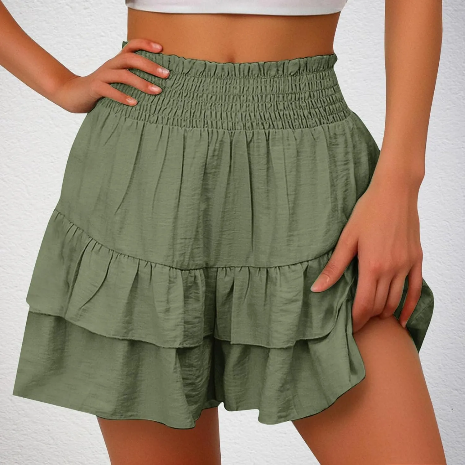 Womens Smocked Ruffle Shorts Elastic High Waisted Pleated Hem Summer Shorts Flowy Beach Vacation Skorts