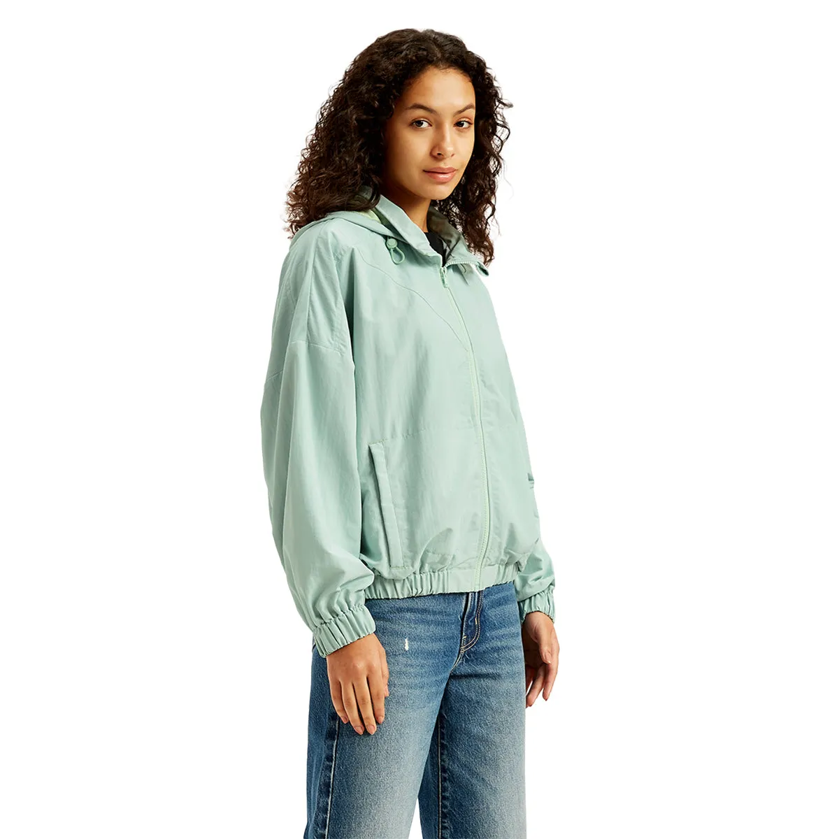 Women's Solid Light-Blue Hooded Windcheater Jacket