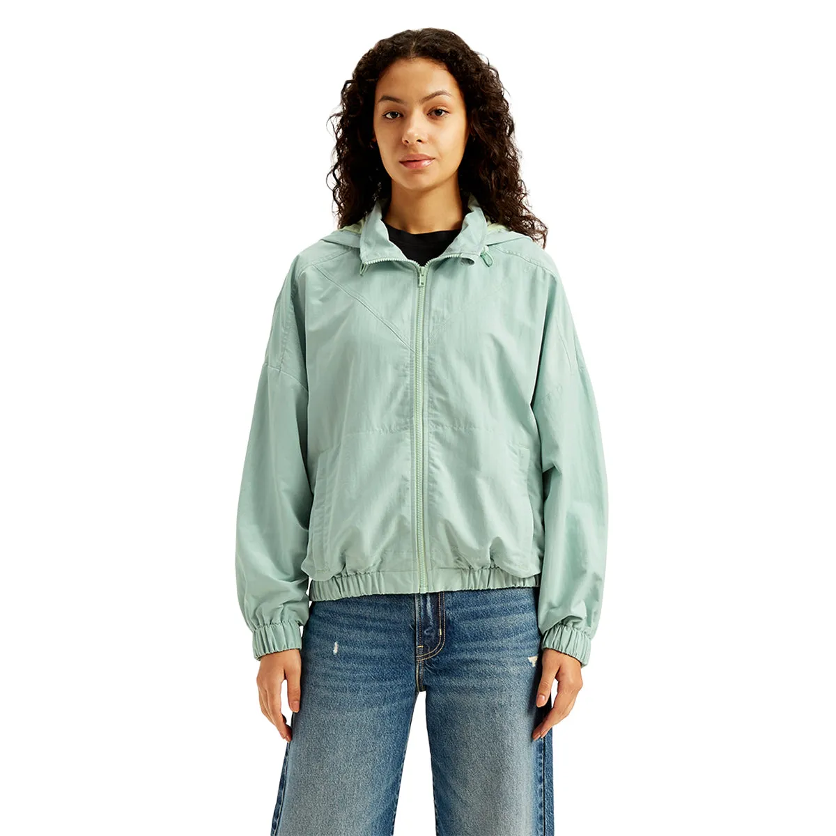 Women's Solid Light-Blue Hooded Windcheater Jacket