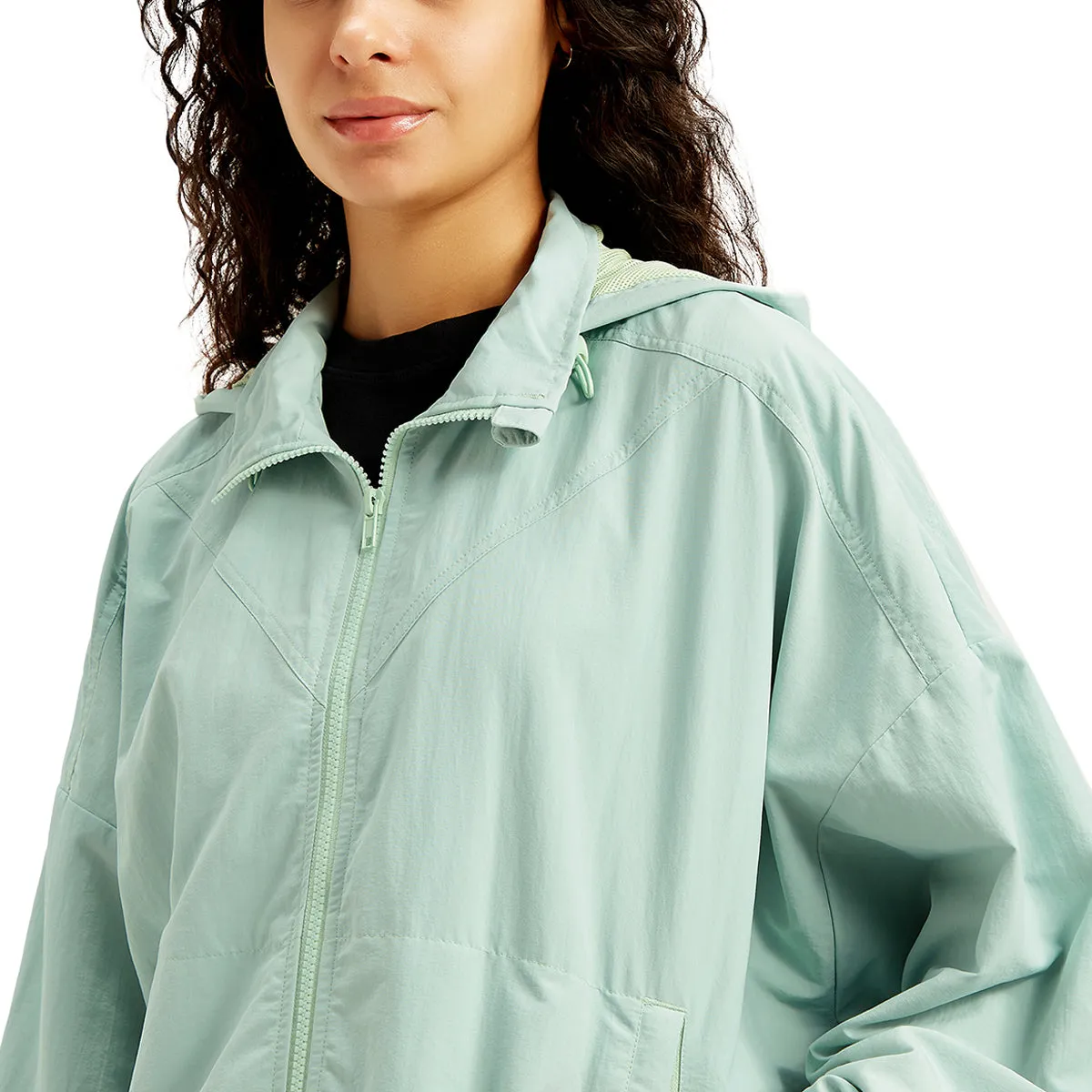 Women's Solid Light-Blue Hooded Windcheater Jacket