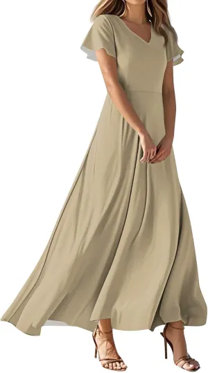 Women's Spring Summer V-Neck Ruffle Short Sleeve Casual Solid Aline Swing Sun Dresses, XS-2XL