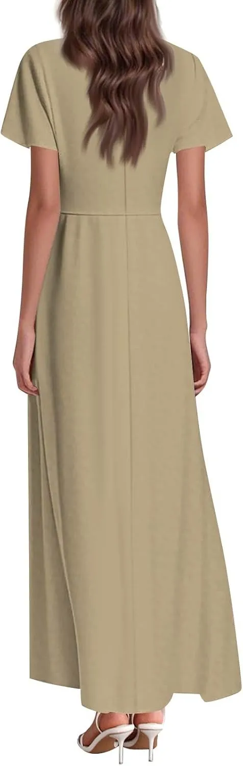 Women's Spring Summer V-Neck Ruffle Short Sleeve Casual Solid Aline Swing Sun Dresses, XS-2XL