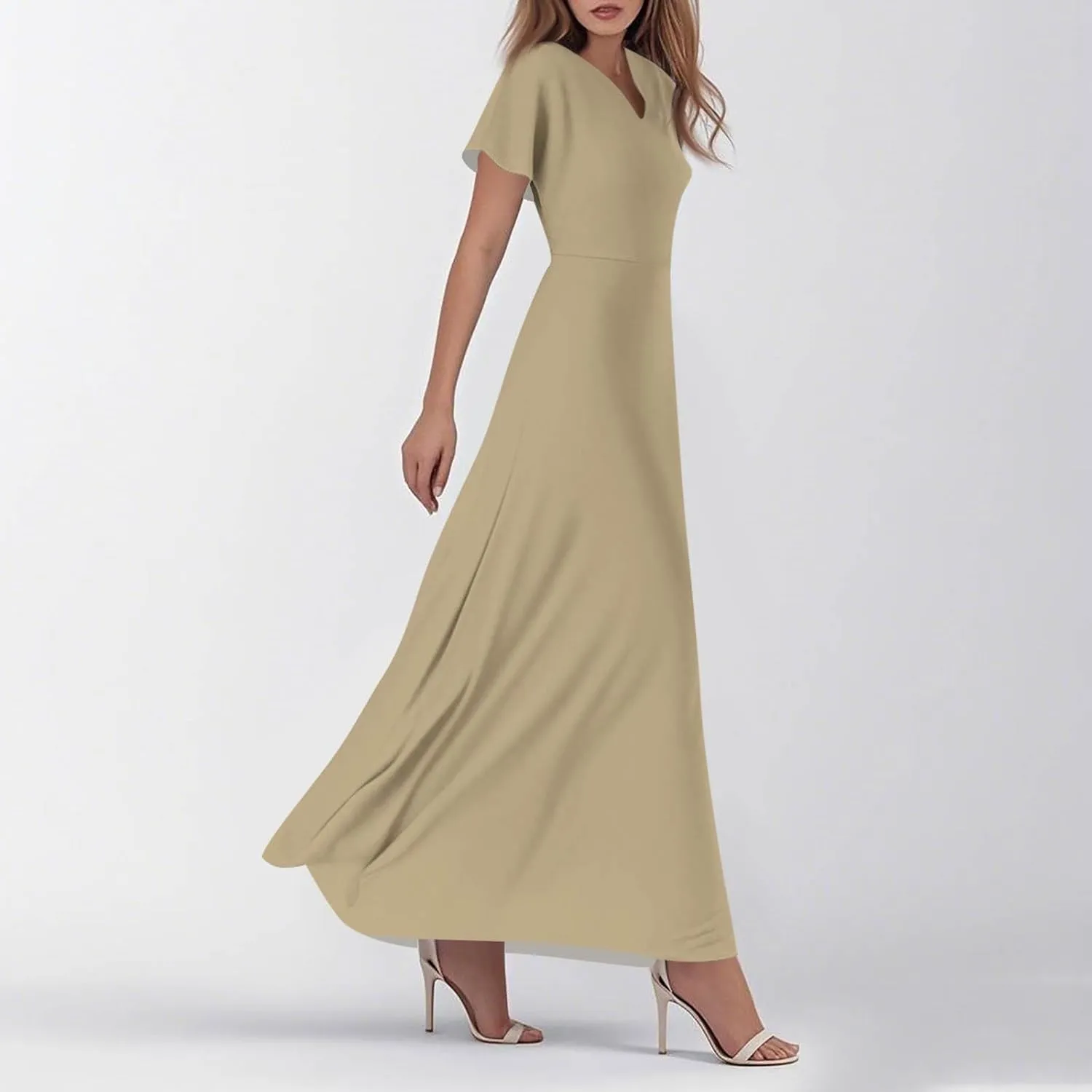 Women's Spring Summer V-Neck Ruffle Short Sleeve Casual Solid Aline Swing Sun Dresses, XS-2XL
