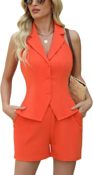 Women's Summer 2 Piece Blazer Outfits Sleeveless Halter Vest Shorts Sets Sexy Casual Vacation Outfits 2025