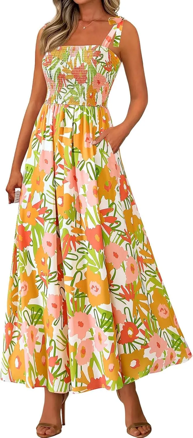 Womens Summer Boho Dress Floral Square Neck Spaghetti Strap Flowy Dress Ruffle A Line Beach Swing Maxi Long Sundress