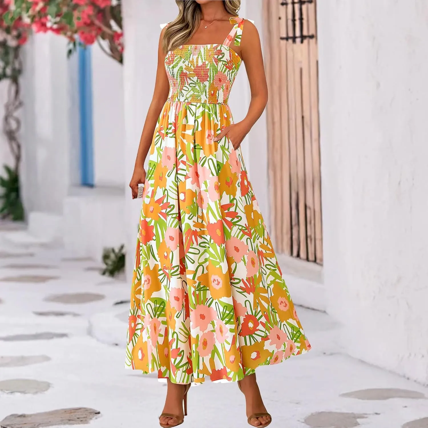 Womens Summer Boho Dress Floral Square Neck Spaghetti Strap Flowy Dress Ruffle A Line Beach Swing Maxi Long Sundress